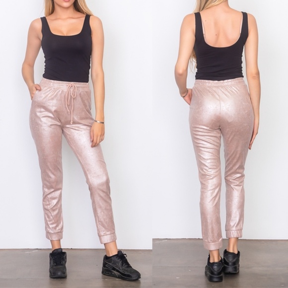METALLIC BLUSH PINK SUEDE DRAWSTRING JOGGERS - Picture 8 of 8